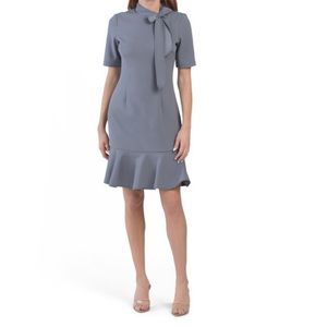 NWT Adrianna Papell Dusty Blue Knit Crepe Tie Neck Ruffle Hem Dress Womens 4